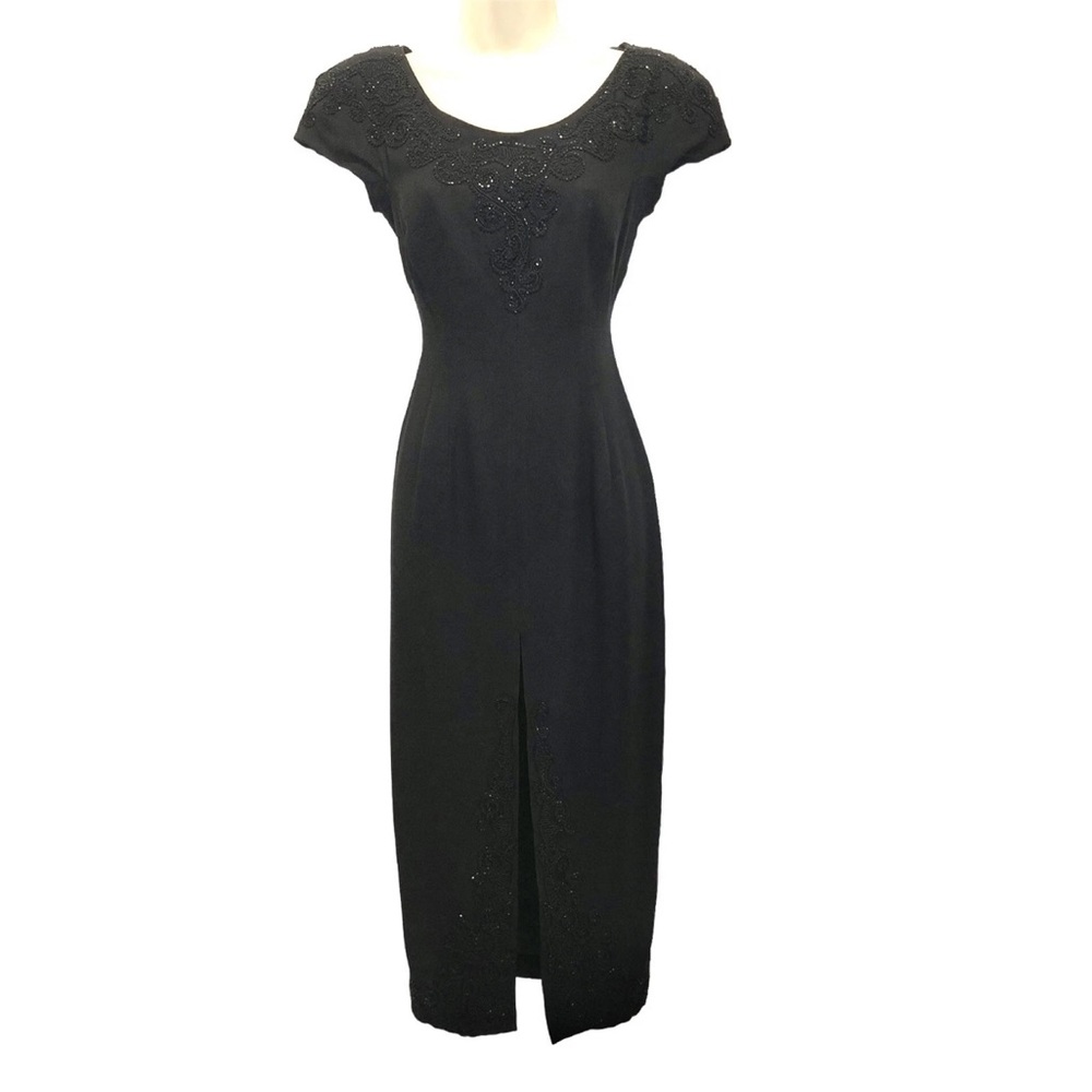 VINTAGE Marie St Claire CACHE Beaded Black‎ Maxi Formal Cocktail Sheath Dress 4